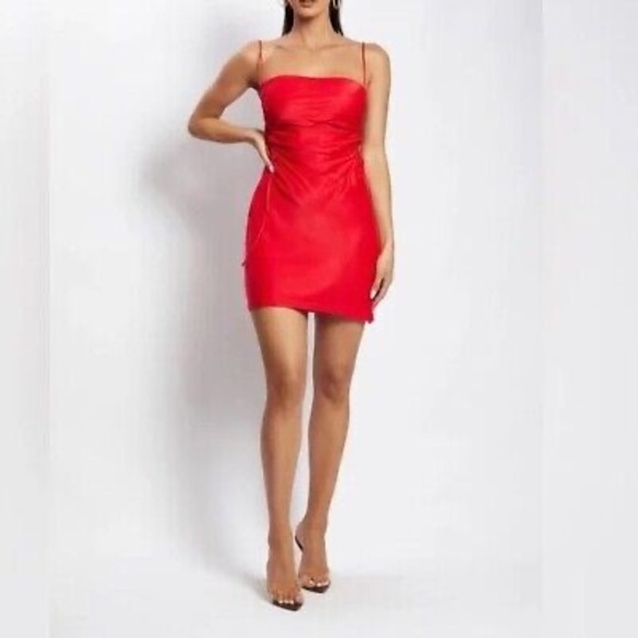 Meshki Nicole Satin Tie Up Side Mini Dress - Red Size L - Picture 3 of 5